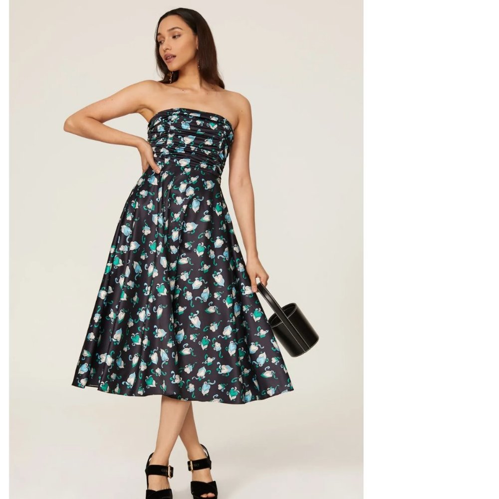 Strapless Ruched Printed Satin Midi Dress